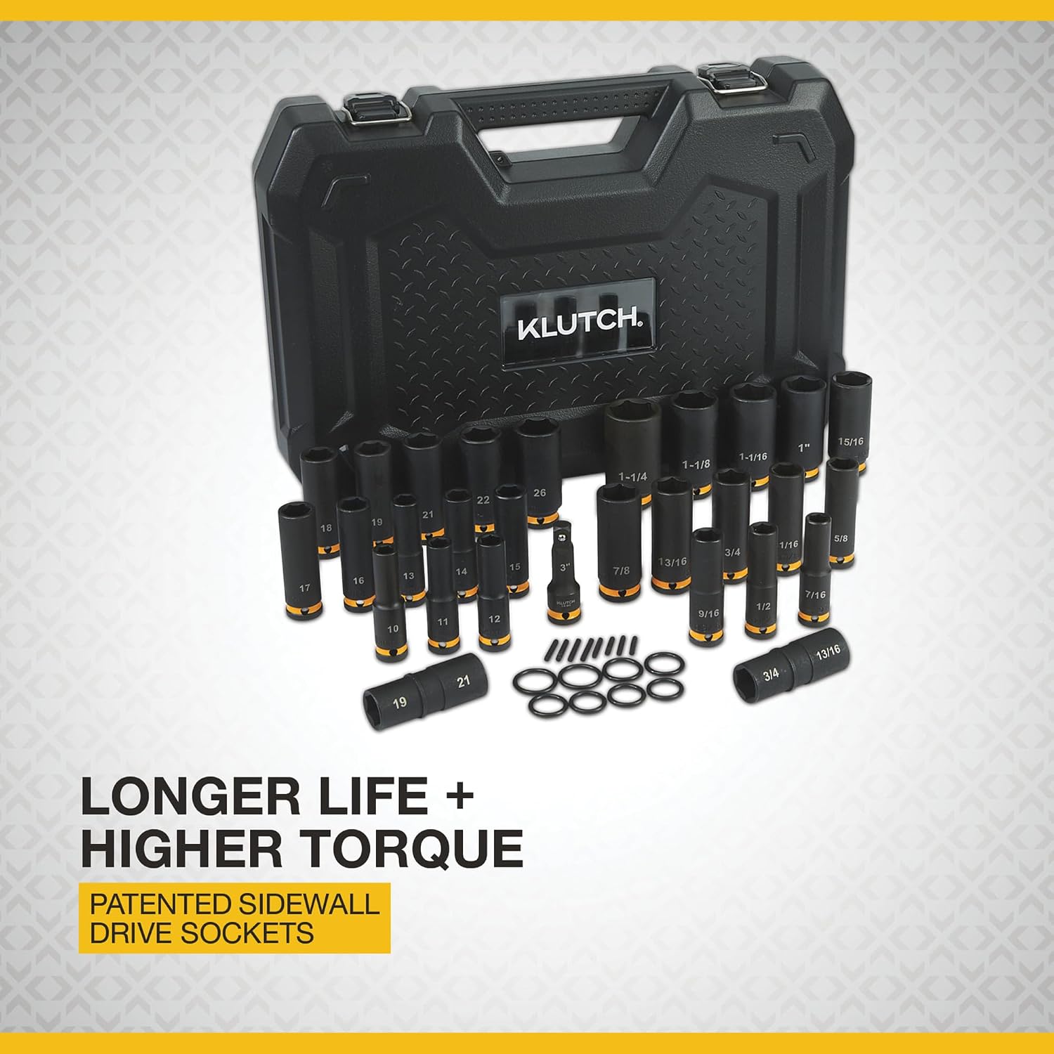 Klutch 1/2in.-Drive Deep Impact Socket Set, SAE + Metric, Chrome Molybdenum, 29-Pc.