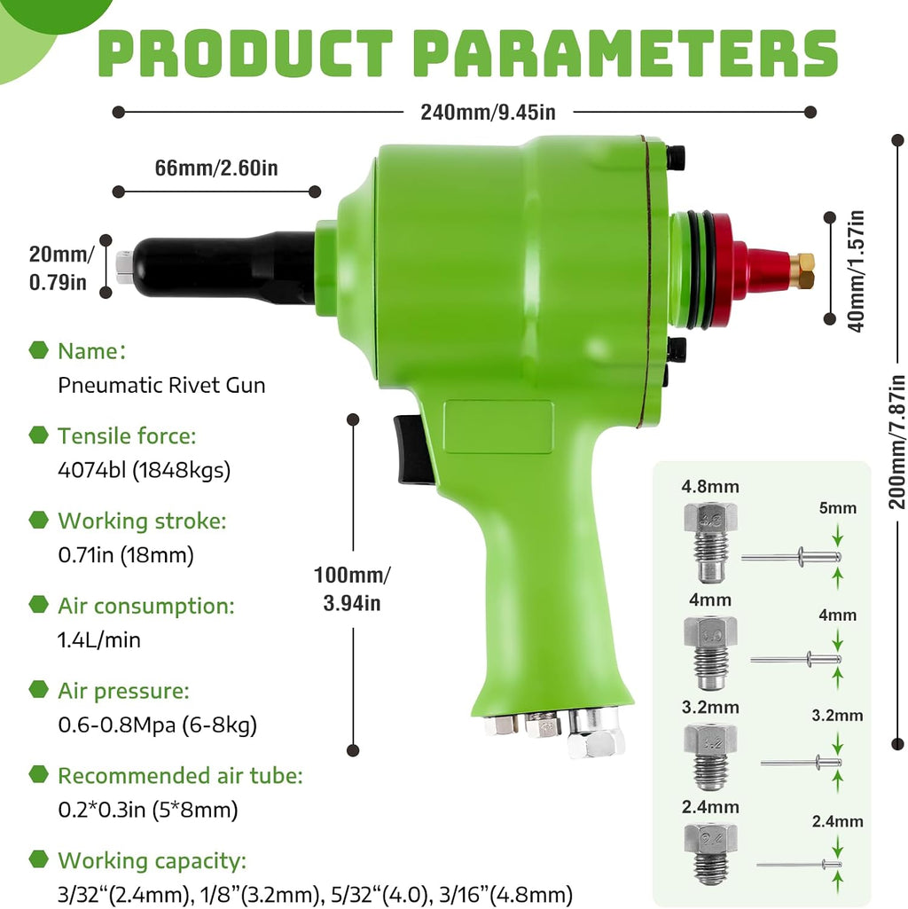 Pneumatic Rivet Gun Self-Suction Air Rivet Gun with 4 Nose Pieces, 3/32', 1/8', 5/32', 3/16' Pop Riveting Gun for Industry, Door & Window