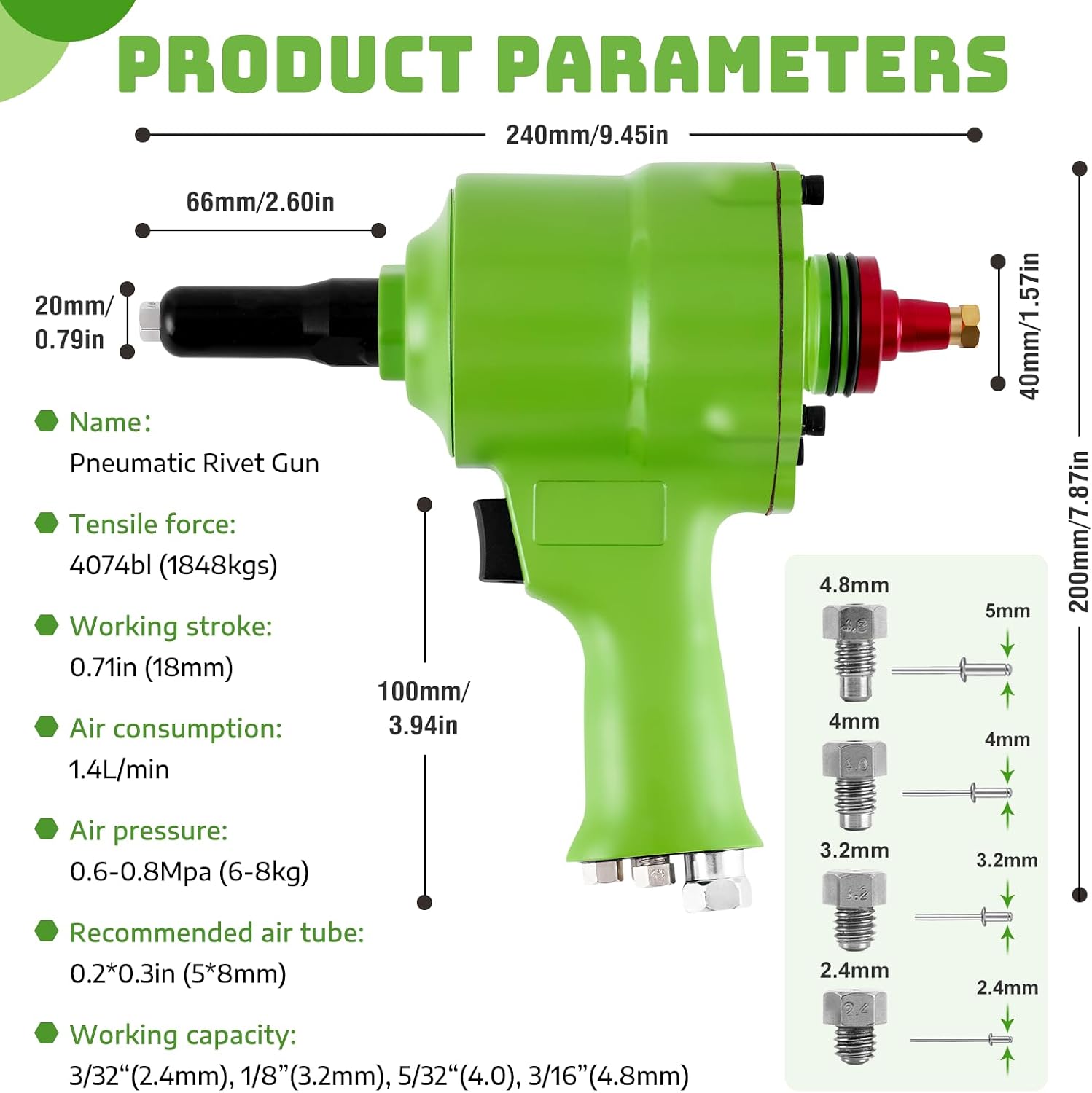 Pneumatic Rivet Gun Self-Suction Air Rivet Gun with 4 Nose Pieces, 3/32', 1/8', 5/32', 3/16' Pop Riveting Gun for Industry, Door & Window