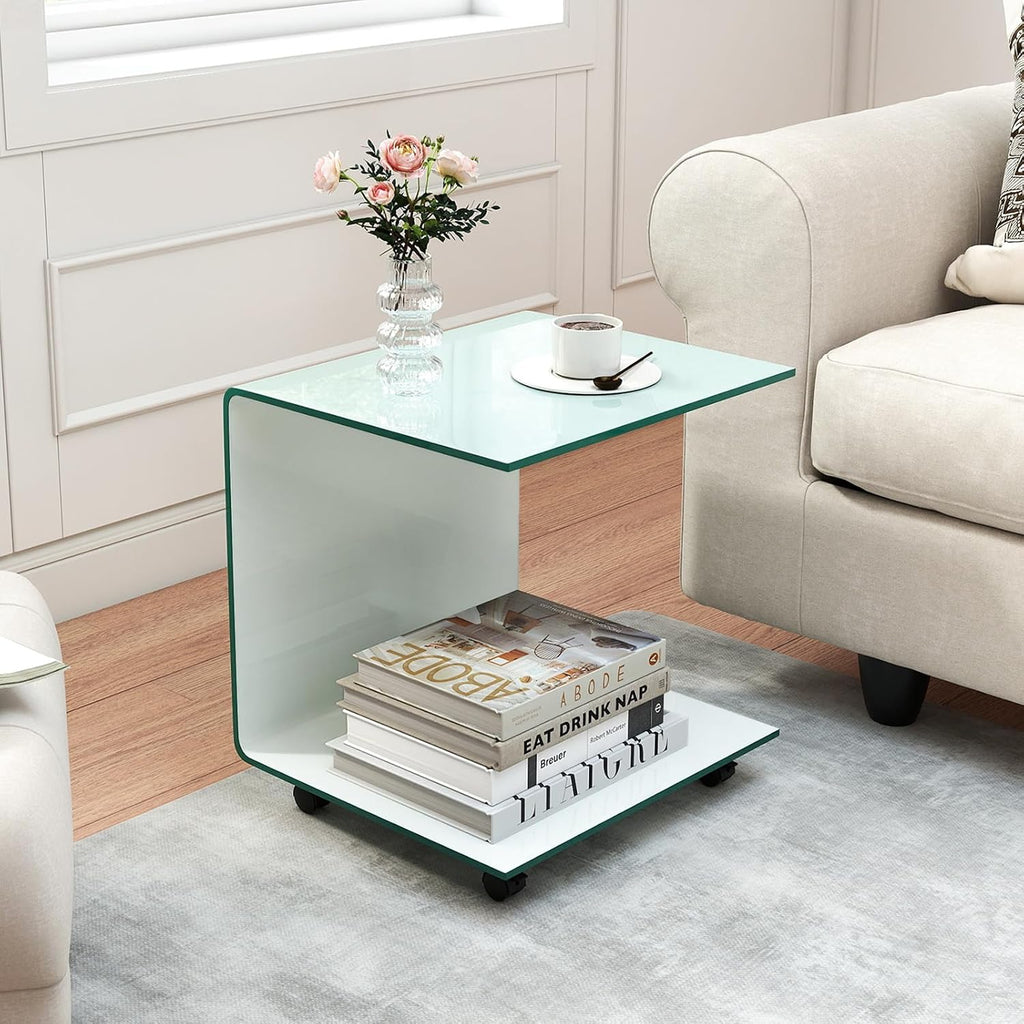 Tangkula Tempered Glass Side Table, Modern C-Shaped Bedside Table Nightstand with Storage Shelf, 4 Lockable Universal Wheels, Rolling Sofa End Table for Living Room Bedroom Office (2, White)