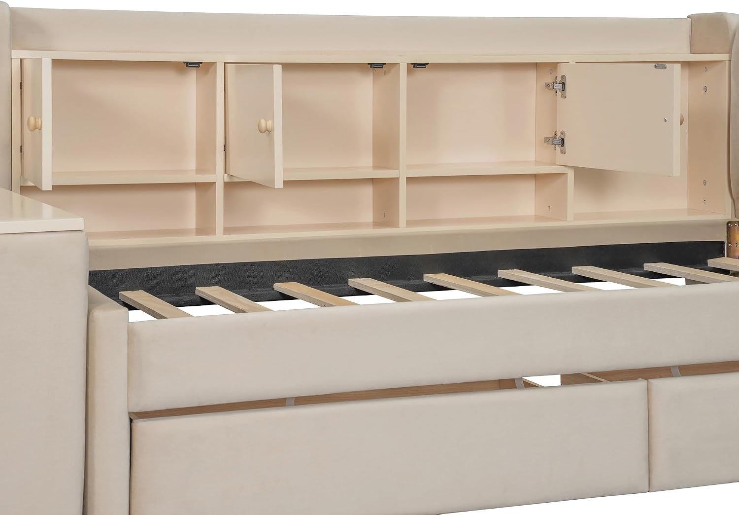 Bellemave Twin Corner Bed with Storage Shelves and Desk, Upholstered Daybed with Bookcase and Drawers，Daybed with Storage, Beige