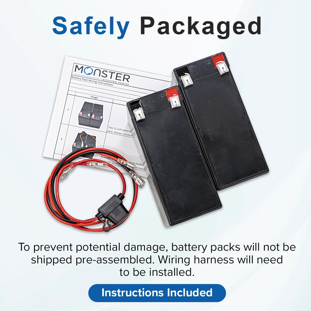 AlveyTech Premium 24 Volt Battery Pack for Currie Technology eZip, GT, IZIP, Mongoose, and Schwinn Scooters (10 Ah, with Harness) - Replacement Set of 2 Rechargeable AGM Batteries