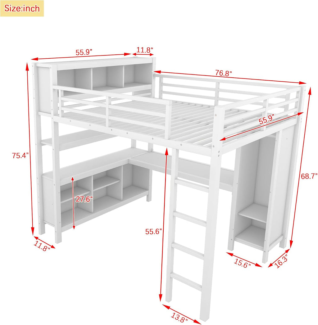 Bellamave Metal Loft Bed with Wardrobe and L-Shaped Desk, Full Size Loft Bed with Storage Cubes and Shelves, Heavy Duty LoftBed for Kids Teens Adults, White