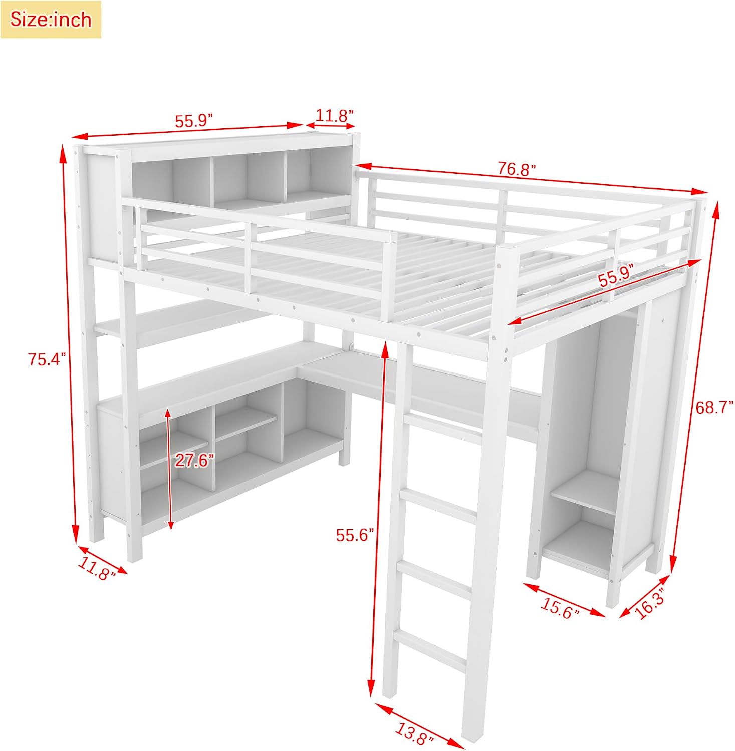 Bellamave Metal Loft Bed with Wardrobe and L-Shaped Desk, Full Size Loft Bed with Storage Cubes and Shelves, Heavy Duty LoftBed for Kids Teens Adults, White