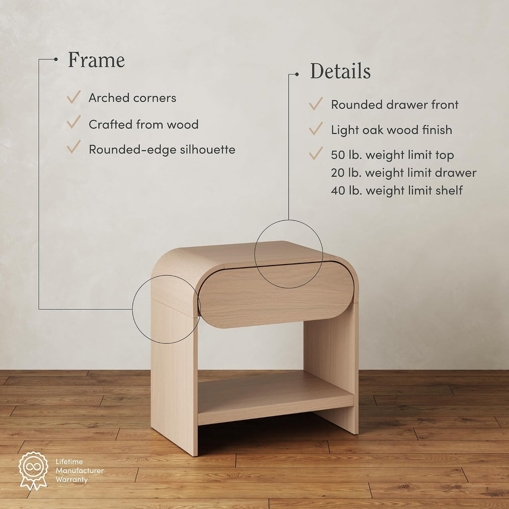 Nathan James Iris Mid-Century Modern Nightstand with Drawer, End Table with Storage for Bedroom or Living Room with Rounded Silhouette, Light Oak
