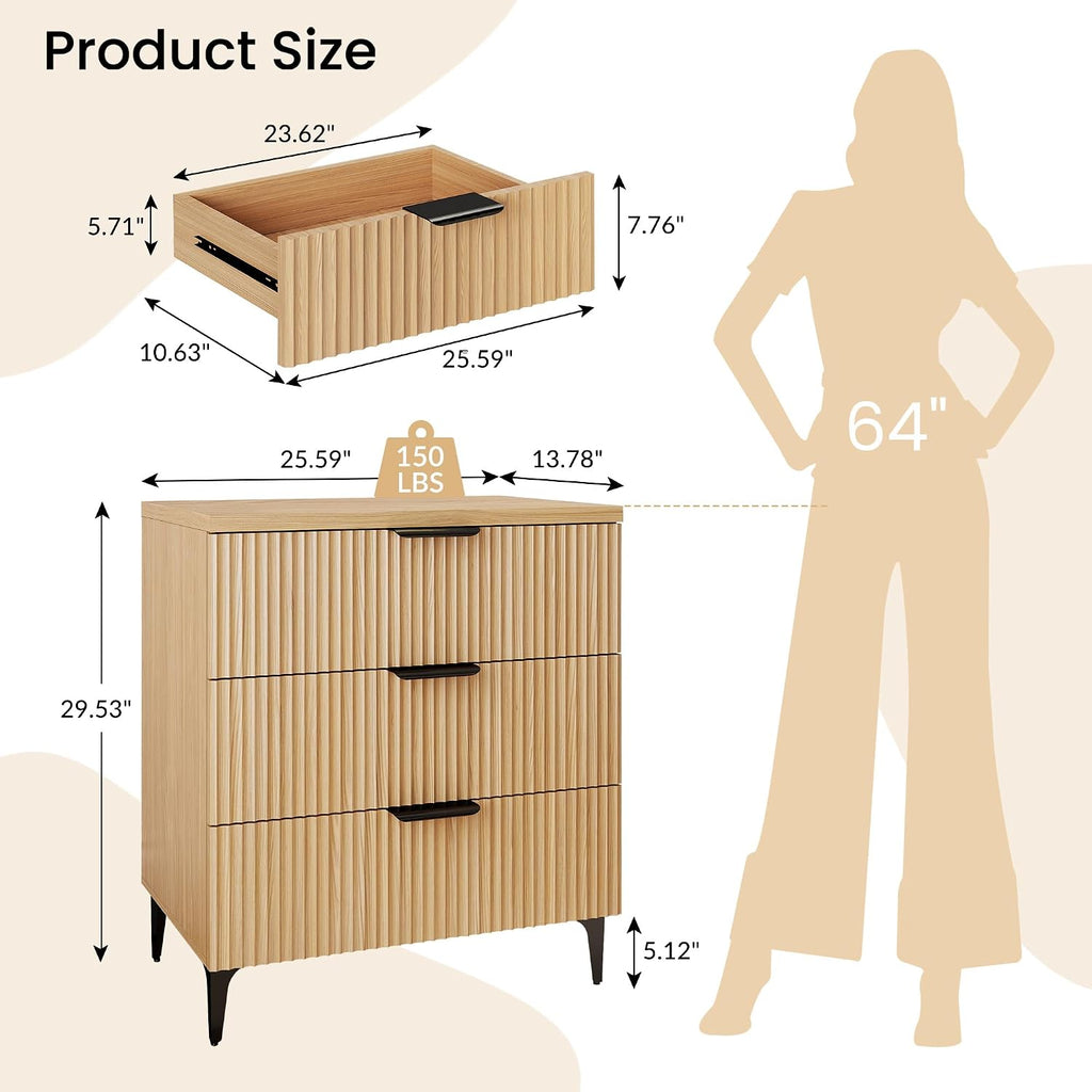 25.6' W Fluted Nightstand with 3 Drawer Dresser, Modern Wood Night Stands Bedside Table for Bedroom King/Queen Bed, End Table with Robot-Friendly Legs for Living Room,Entry (3 Drawers-1pcs-Natural)