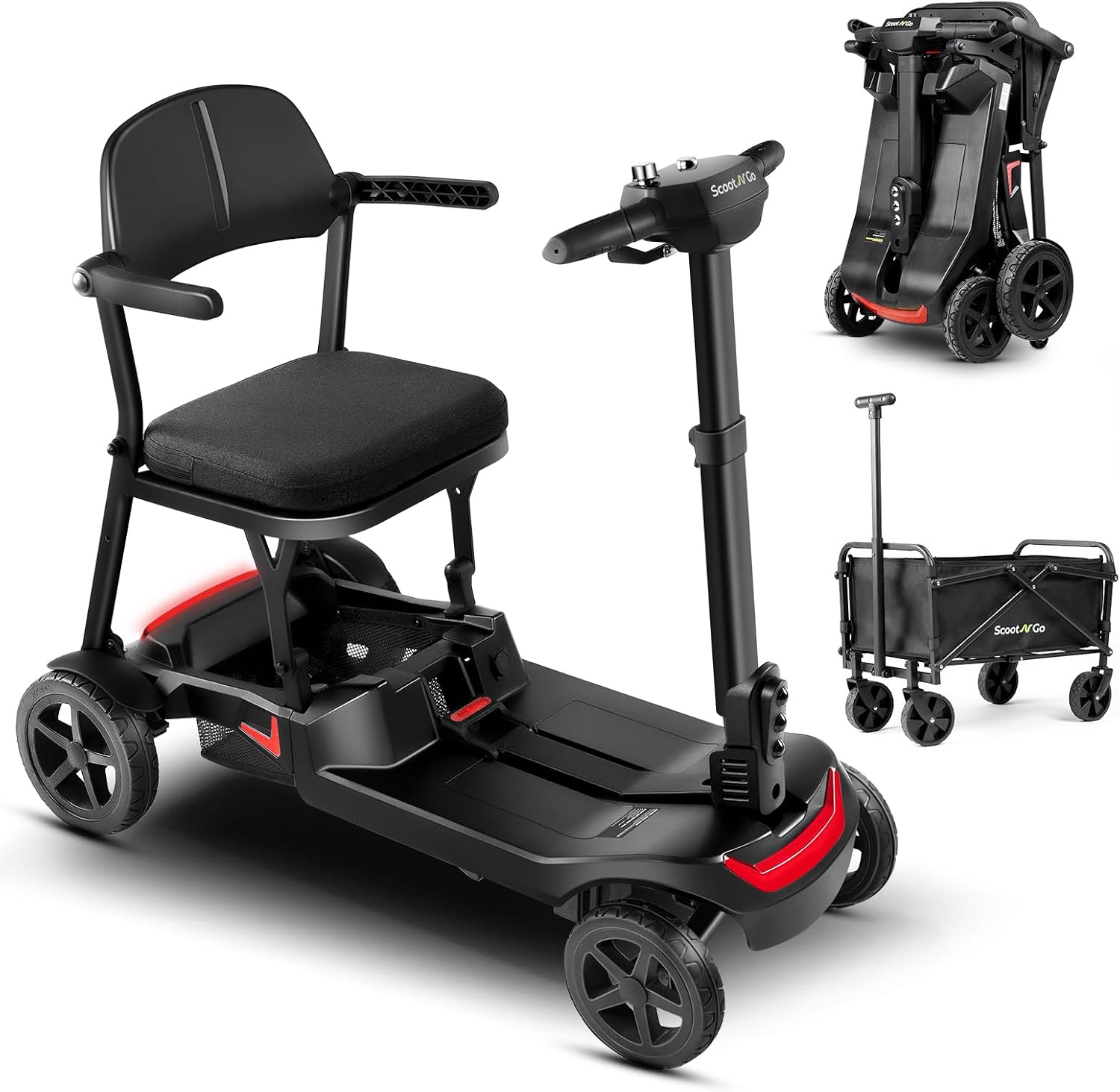 SCOOTNGO Mobility Scooters for Seniors & Adults 4 Wheel Travel Mobility Scooter Airline Approved with Two Batteries, Lightweight, Foldable, No Assembly Needed (Black Red, Dual Batteries with Wagon)