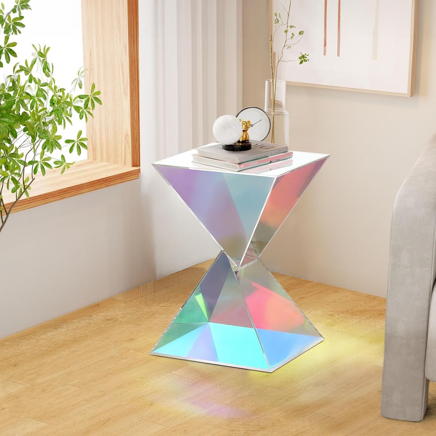 BECHAEO Iridescent Acrylic Side Table Set of 2, Small End Tables for Small Spaces, Modern Acrylic End Tables Living Room Nightstand with Irregular Design, Lightweight Farmhouse Outdoor Side Tables