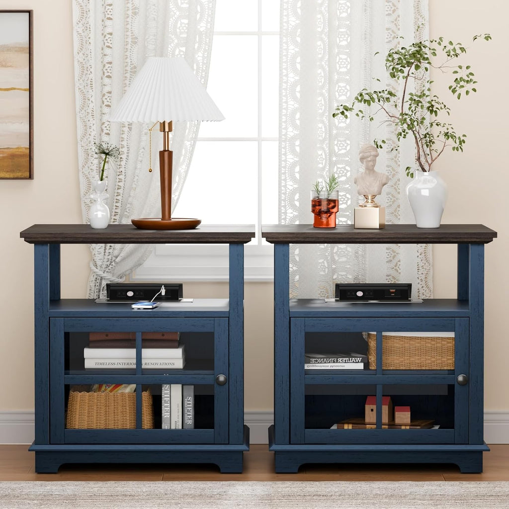 HIFYOBRO Living Room Side Table, 21''End Table Set of 2 with Charging Station for Bedroom, Farmhouse Rustic Wood Sofa Side Table Set of 2 with Large Storage, Blue