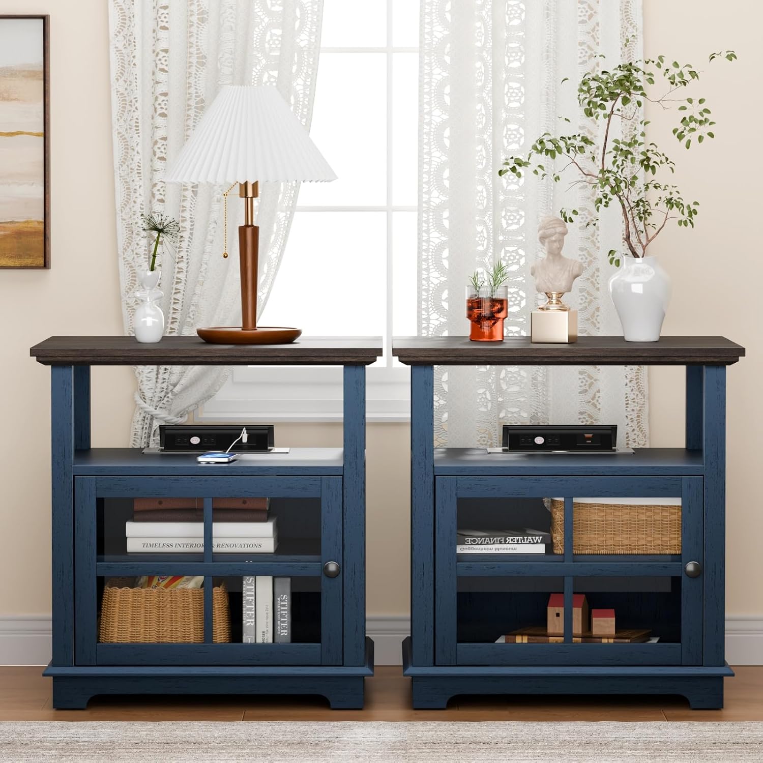 HIFYOBRO Living Room Side Table, 21''End Table Set of 2 with Charging Station for Bedroom, Farmhouse Rustic Wood Sofa Side Table Set of 2 with Large Storage, Blue