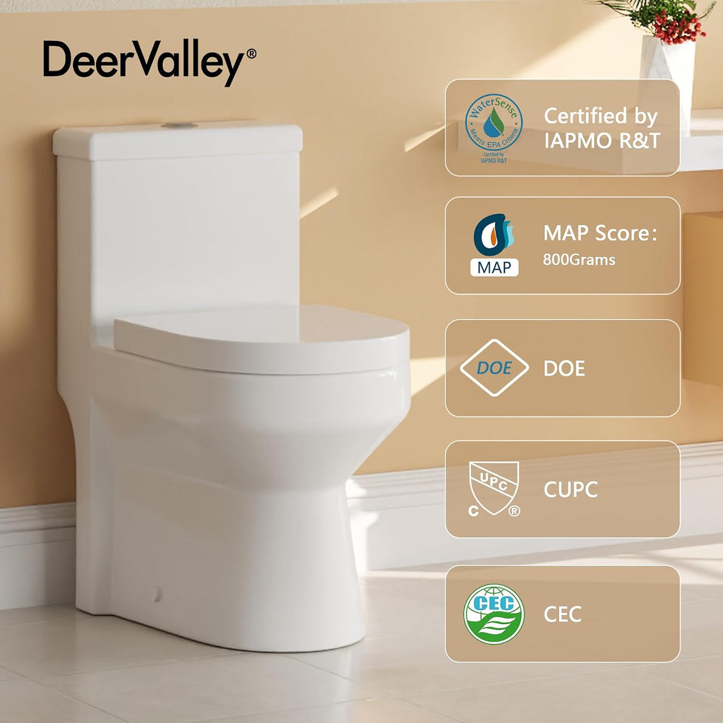 DeerValley Compact One Piece Toilet for Small Bathrooms with Soft Close Seat 12 Inch Rough Dual Flush 0.8/1.28 GPF Toilets In White