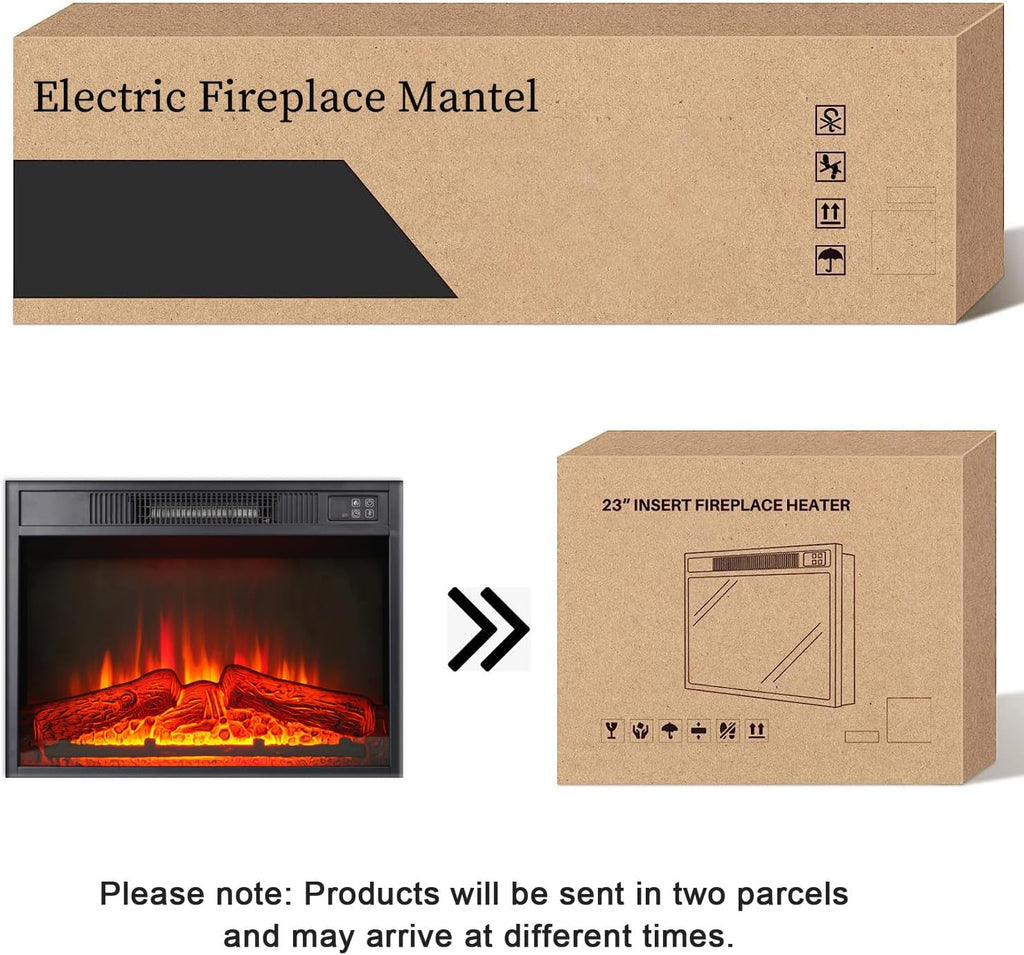 72' Electric Fireplace with Mantel, White TV Stand for TVs Up to 80 Inch, Farmhouse Entertainment Center with Storage for Bedroom,23'' Fireplace Insert Heater for Living Room