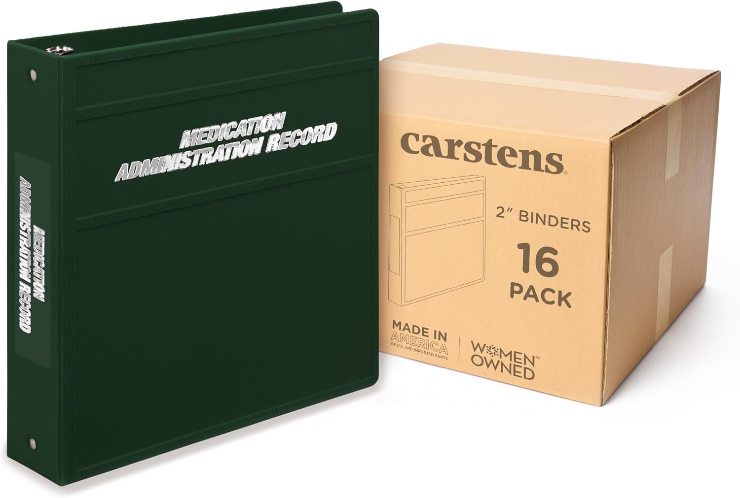 Carstens 2-Inch Heavy Duty Round Ring Binder for Medication Administration Records – Side Opening Forest Green, Case of 16, Durable Plastic, No Pockets, Holds 300 Letter Sheets Made in USA (1807-3RCS)
