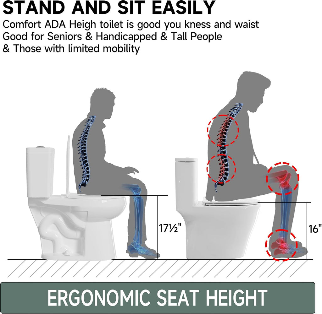 17 Inch Compact Tall Toilet ADA Height Seat 17.5', Powerful Tornado Flush, Two Piece Dual Flush 1.0/1.28 GPF, 12' Rough-in for Bathroom, Comfort Bowl Heigh 16.75', White