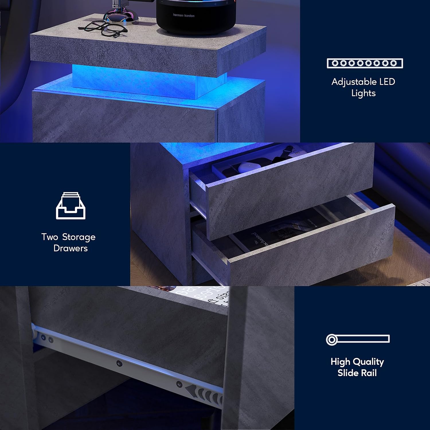 LED End Table Set of 2 Modern Bedside Table with Storage End Tables Bedroom with 2 Drawers for Bedroom Living Room All Grey