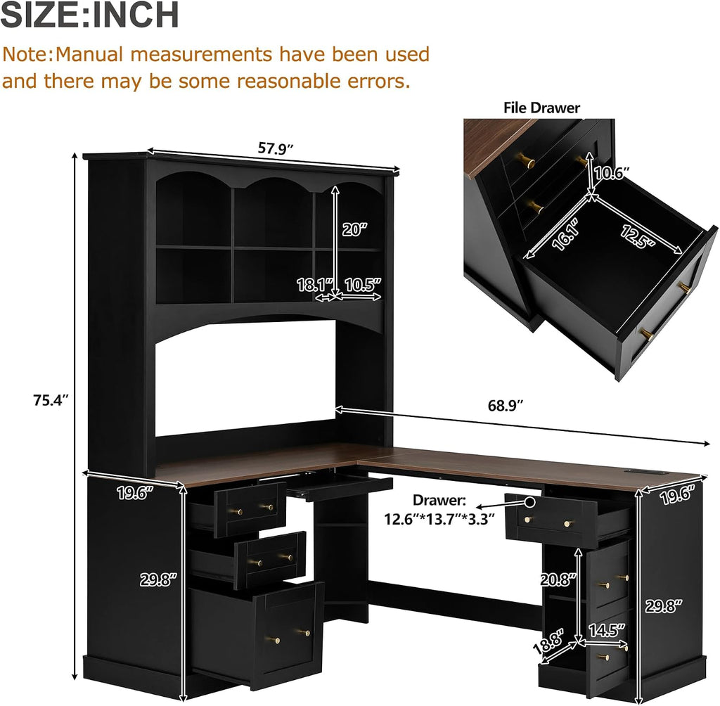 L-Shaped Computer Desk with Keyboard Tray | Charging Stations,Corner Desk with Arched Hutch, All-in-One Home Office Desk for Study, Office