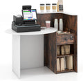 Giantex Reception Desk, Front Counter Desk with Lockable Drawer, Retail Counter Checkout Table with Round Tabletop, Corner Shelf & Adjustable Shelf for Office Beauty Salon Retail Store (Brown)