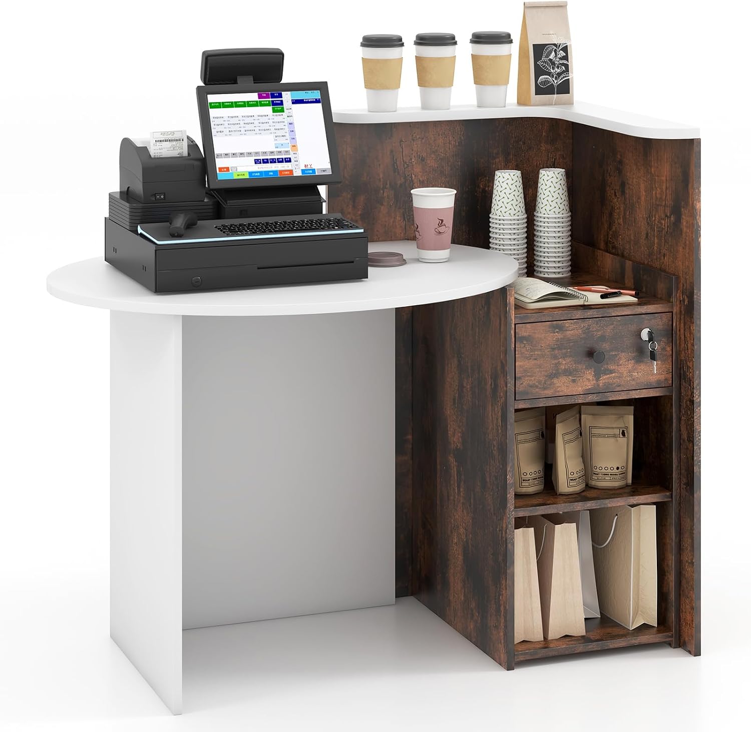 Giantex Reception Desk, Front Counter Desk with Lockable Drawer, Retail Counter Checkout Table with Round Tabletop, Corner Shelf & Adjustable Shelf for Office Beauty Salon Retail Store (Brown)