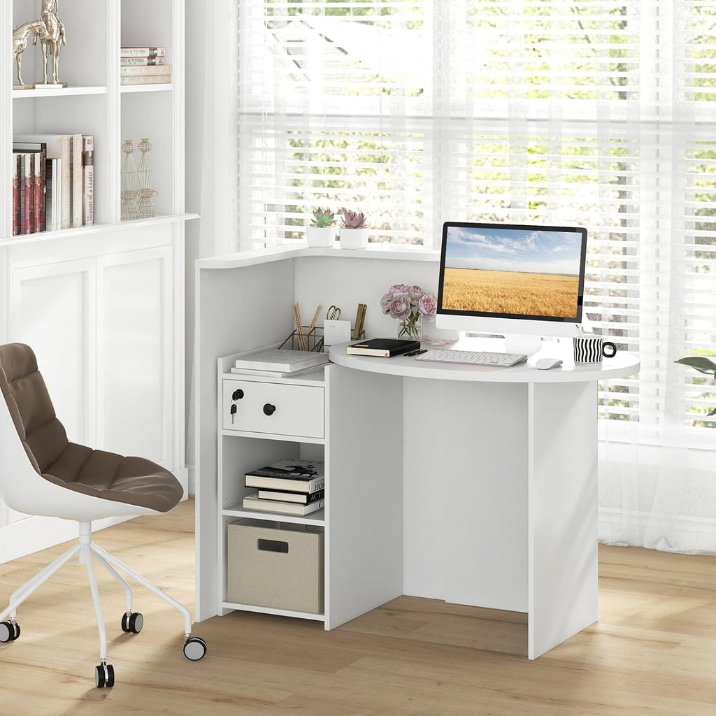 Giantex Reception Desk, Front Counter Desk with Lockable Drawer, Checkout Table with Round Tabletop, Corner Shelf & Adjustable Shelf for Office Beauty Salon Retail Store (White)
