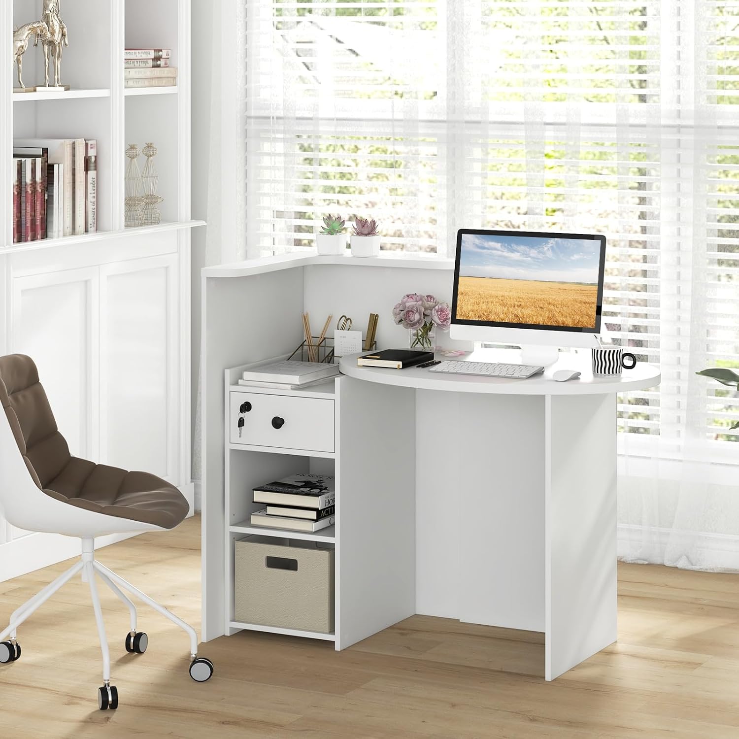 Giantex Reception Desk, Front Counter Desk with Lockable Drawer, Checkout Table with Round Tabletop, Corner Shelf & Adjustable Shelf for Office Beauty Salon Retail Store (White)