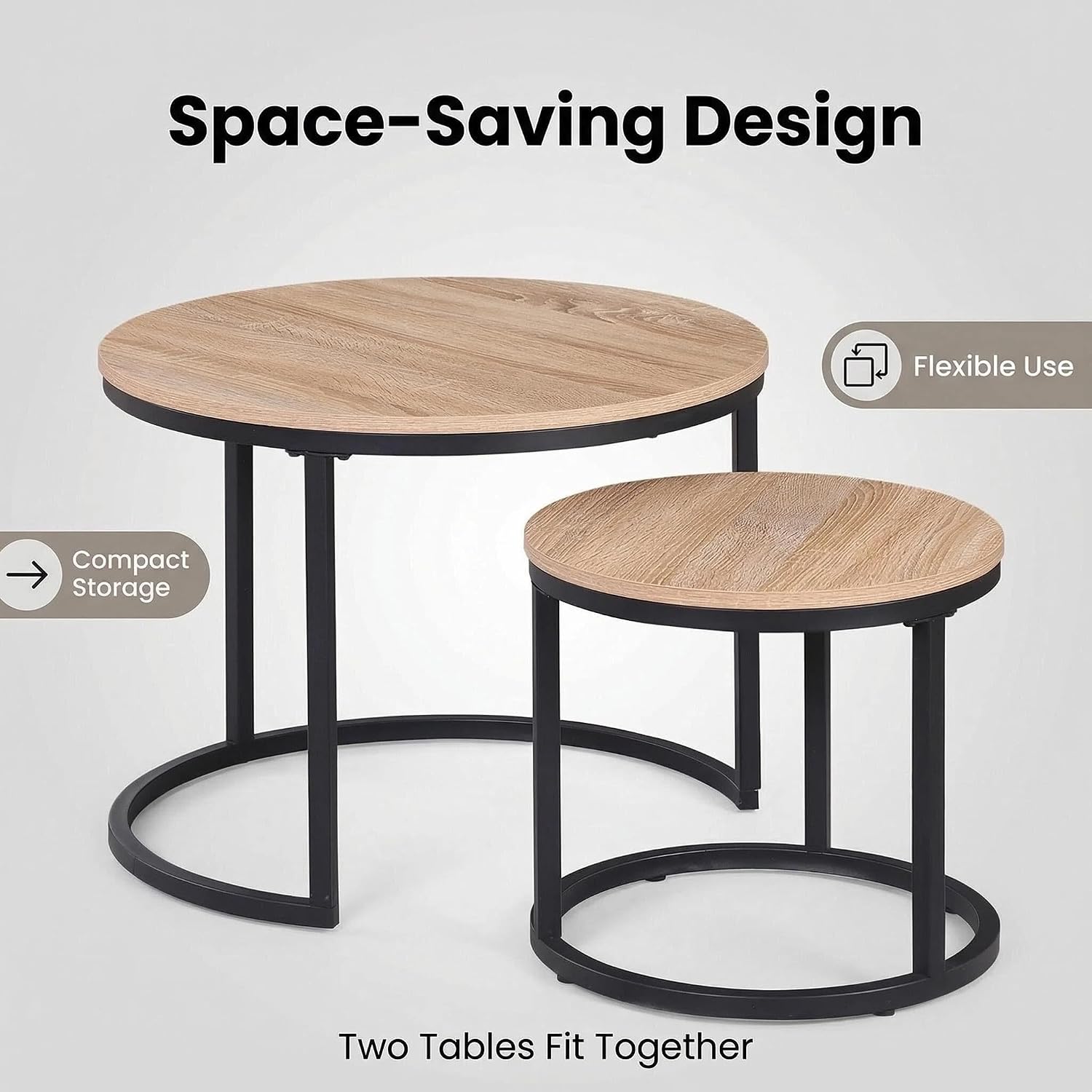 CENSI 24' Round Nesting Coffee Table, Accent Table, Natural Oak, Light Wooden Finish, Space-Saving, Modern Industrial Style