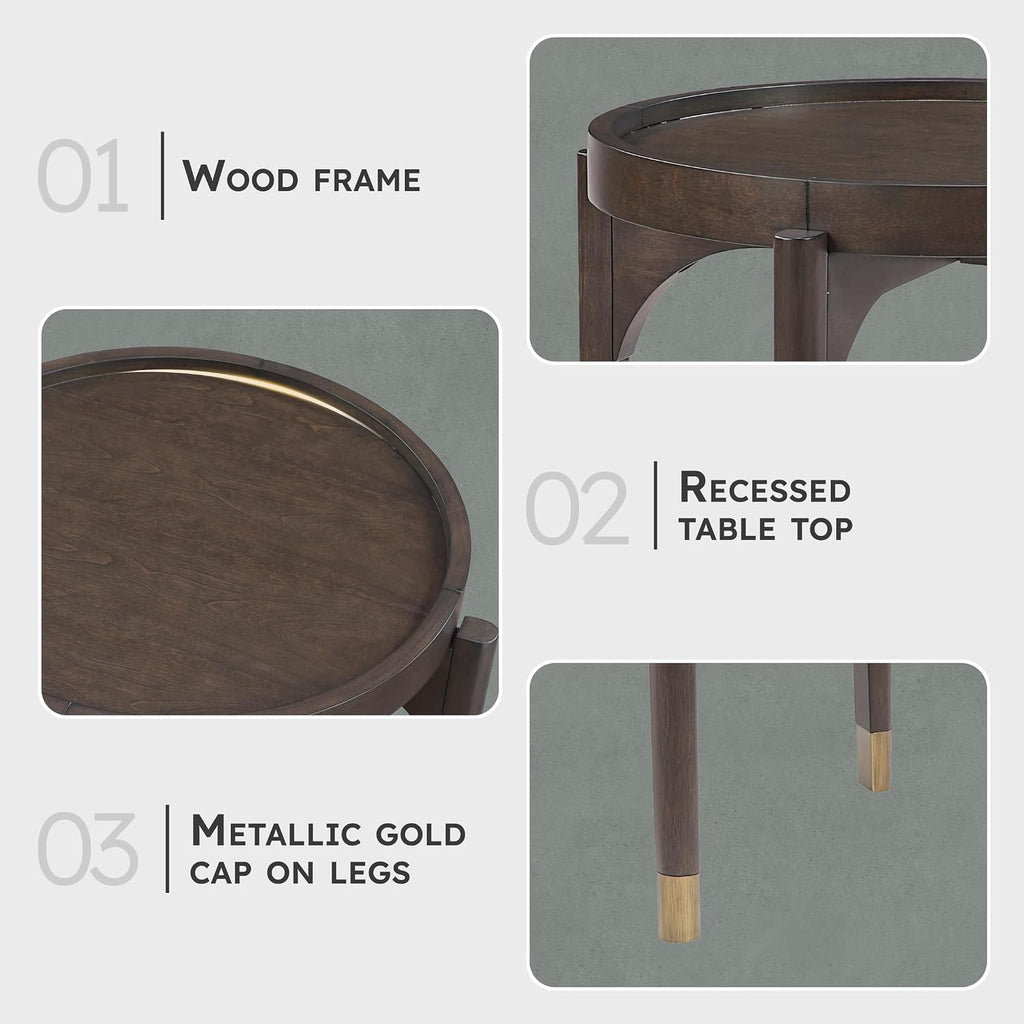 Lexicon Wood Round End Table with Gold Metal Cap, 36' Dia. Mid Century Modern Round Birch Wood Veneer Sofa Side Table for Contemporary Living Room, Easy Assembly, Dark Brown