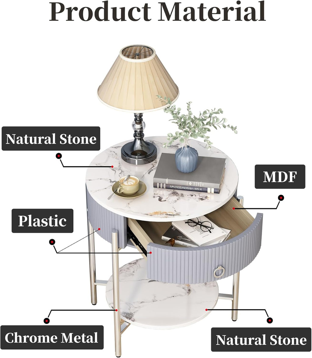 OIOG Round Side Table with Drawer, Modern Nightstand with Shelf and Chrome Finish Metal Legs, 2 Tier End Table for Living Room, Bedroom, Office, Marbling Natural Stone/Silver