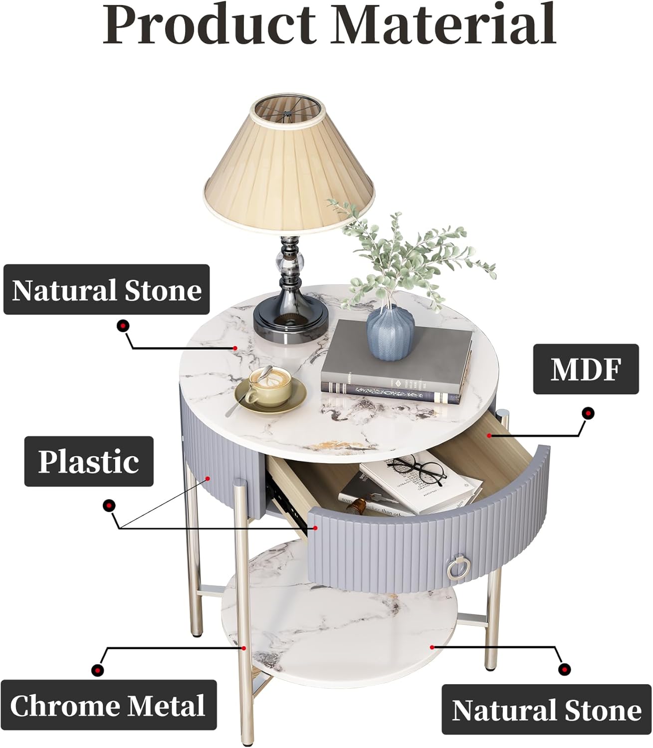 OIOG Round Side Table with Drawer, Modern Nightstand with Shelf and Chrome Finish Metal Legs, 2 Tier End Table for Living Room, Bedroom, Office, Marbling Natural Stone/Silver