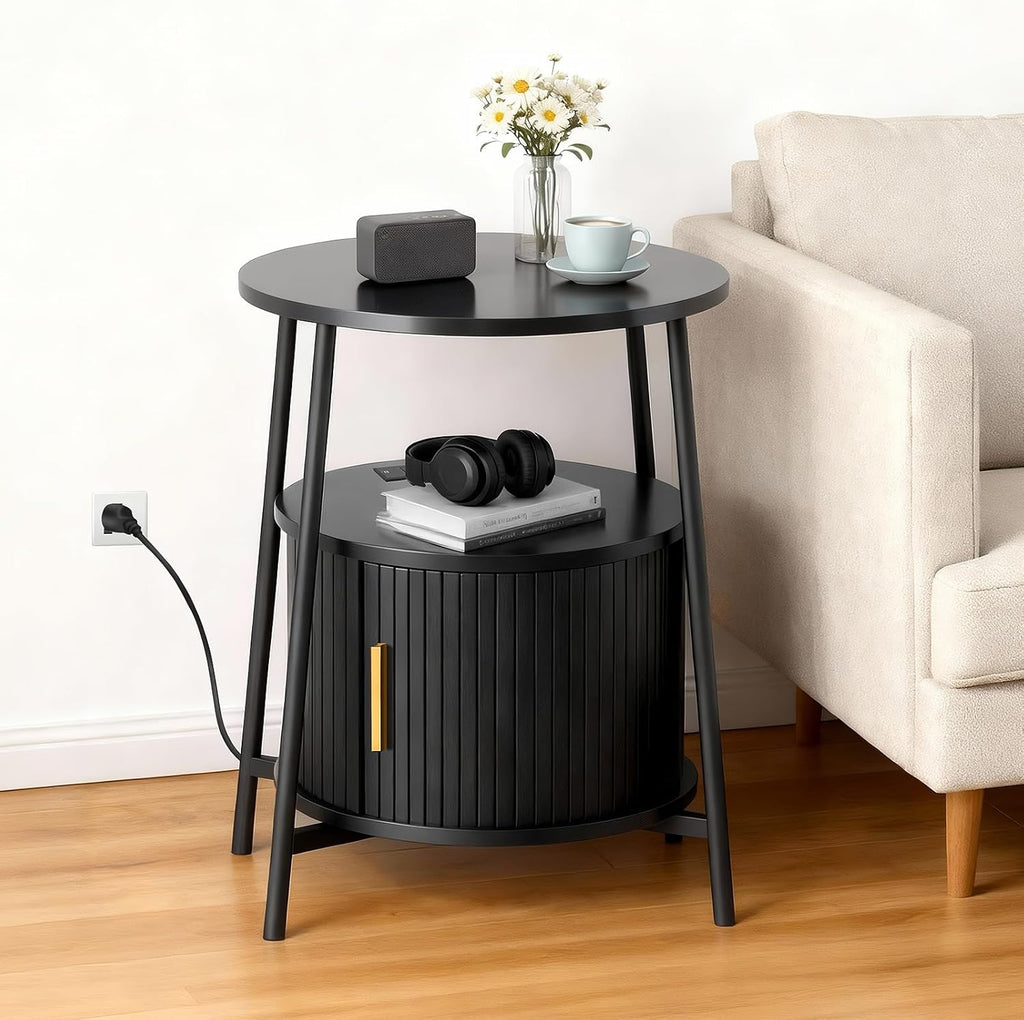DHH Round End Tables Set of 2 & Charging Station, Fluted Accent Side Table with Sliding Door, Mid-Century Modern Nightstand Set of 2 for Small Space Storage, Living Room, Bedroom,Sofa Couch(2, Black)