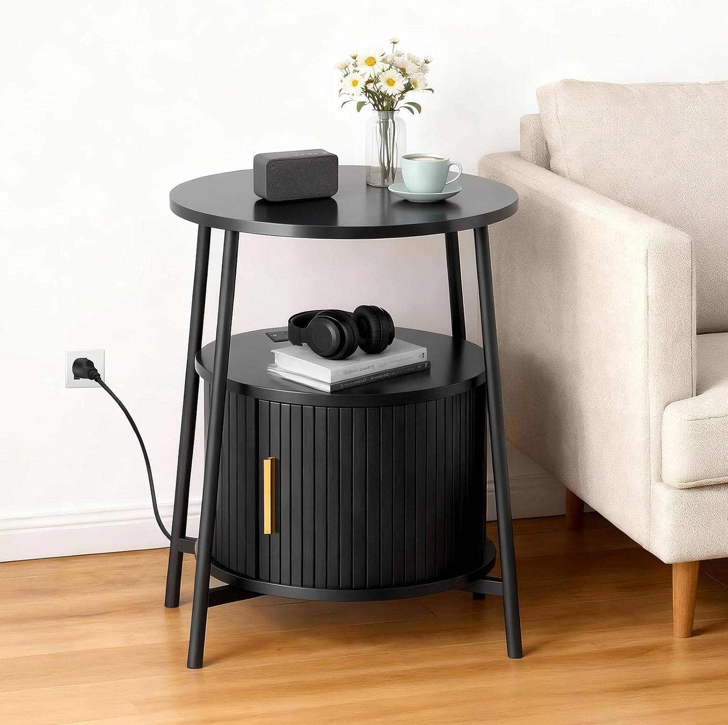 DHH Round End Tables Set of 2 & Charging Station, Fluted Accent Side Table with Sliding Door, Mid-Century Modern Nightstand Set of 2 for Small Space Storage, Living Room, Bedroom,Sofa Couch(2, Black)