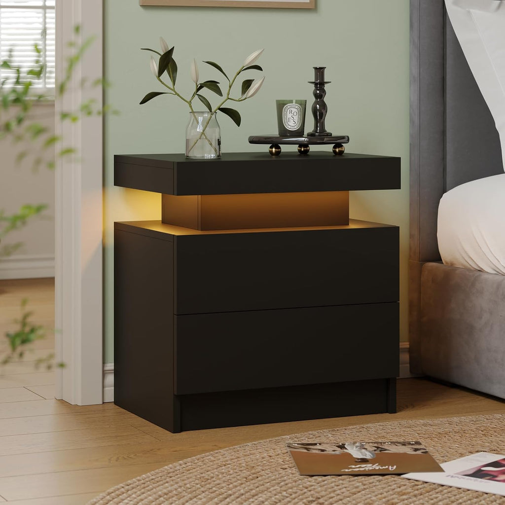 Cubehom Nightstands Set of 2, Bedside Tables with LED Lights, Night Stands with 2 Wood Drawers, End Tables Set of 2 for Living Room/Bedroom
