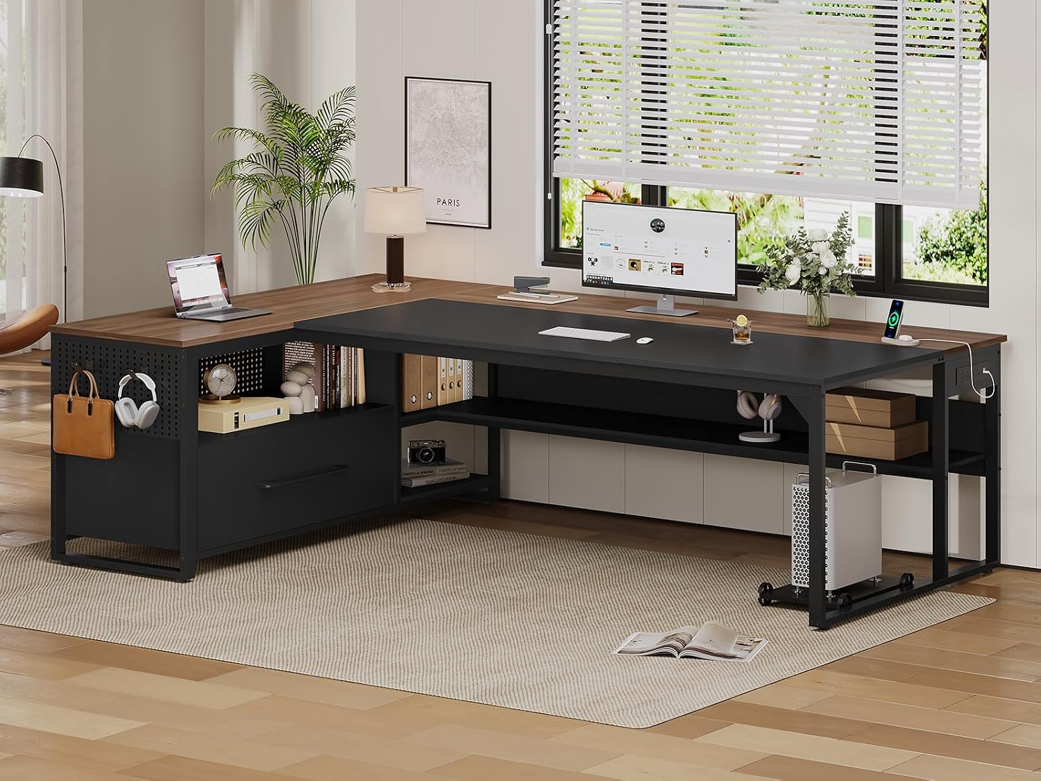 71' Executive Desk, Large Office Desk with Widen File Drawers & Power Outlets, Reversible L Shaped Computer Desk Corner Desk with Storage Shelves, CPU Stand, Hooks, Business Furniture (Walnut)