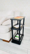 Real Heavy Wood 3-Tier Side Table Narrow Places, Handcrafted Tall 10 Inch Width End Table for Living Room Storage Shelf, Slim Bedside Table for Small Spaces, Nursery, Bedroom, Office (Black, Low)
