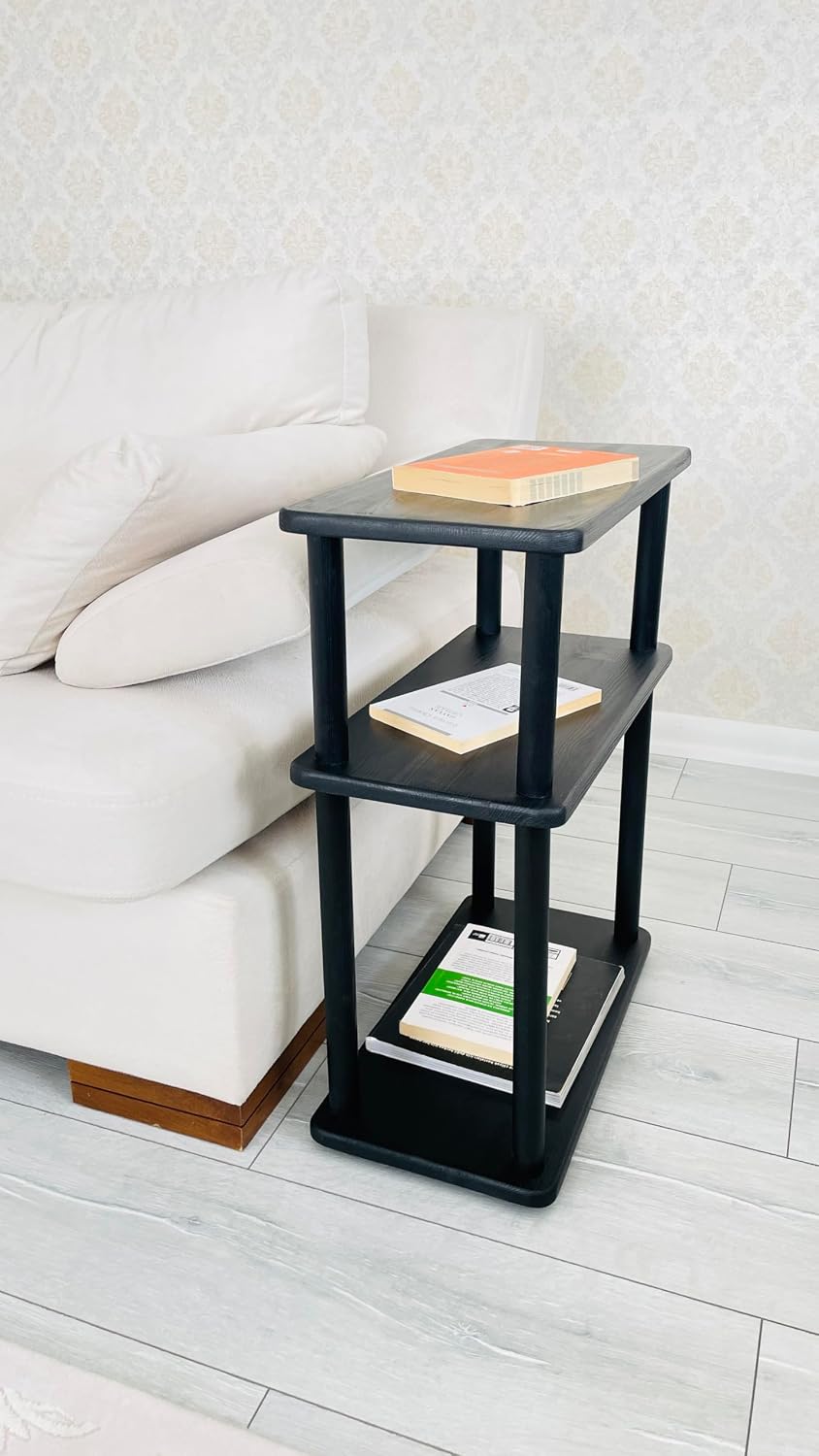 Real Heavy Wood 3-Tier Side Table Narrow Places, Handcrafted Tall 10 Inch Width End Table for Living Room Storage Shelf, Slim Bedside Table for Small Spaces, Nursery, Bedroom, Office (Black, Low)