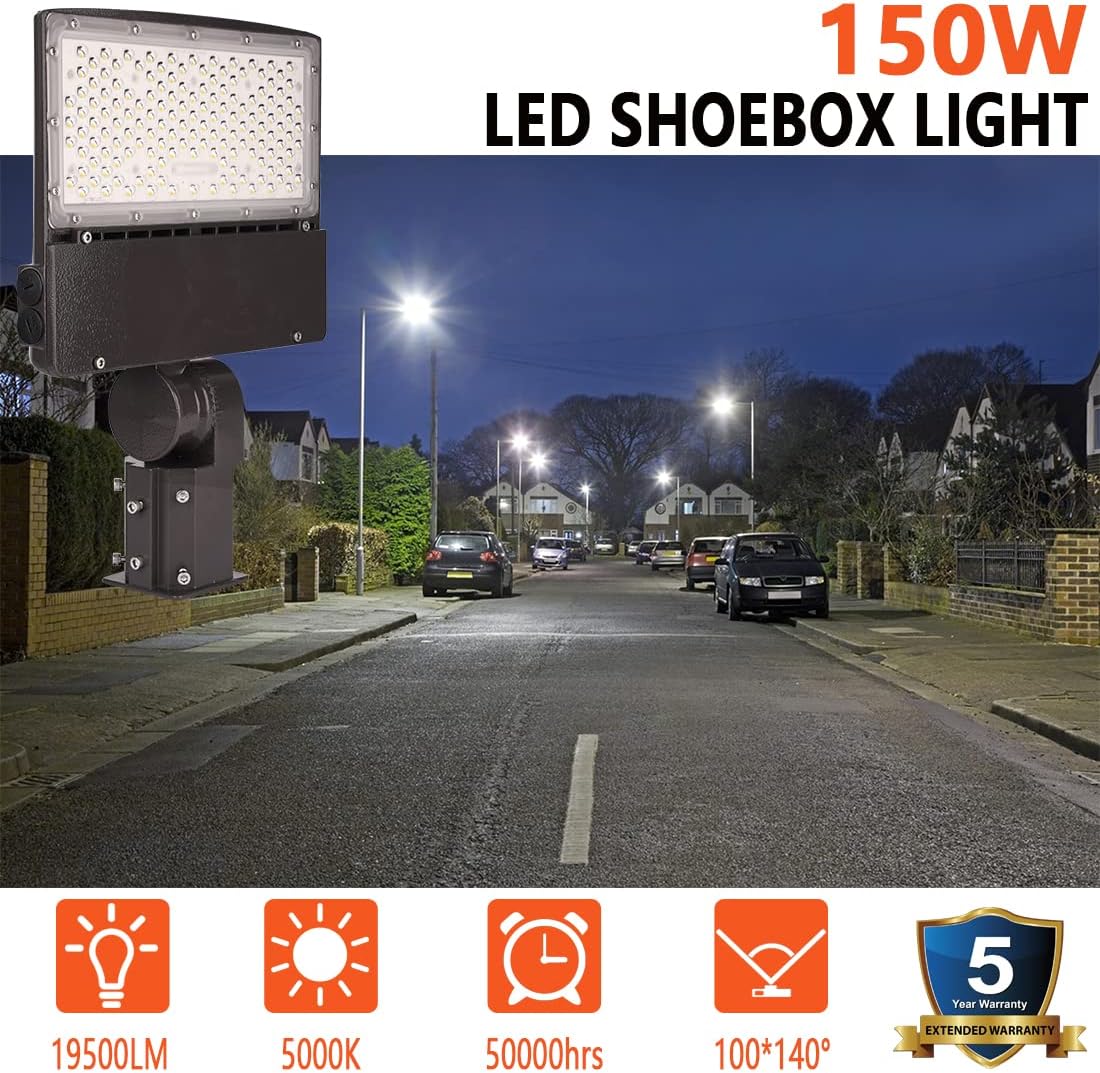 150W LED Parking Lot Lights with Adjustable Slip Fitter Mount,Outdoor Commercial Area Lighting 19500LM 5000K IP65 LED Street Light for Court,Yard,Parking Lot,Roadways (150Watt)