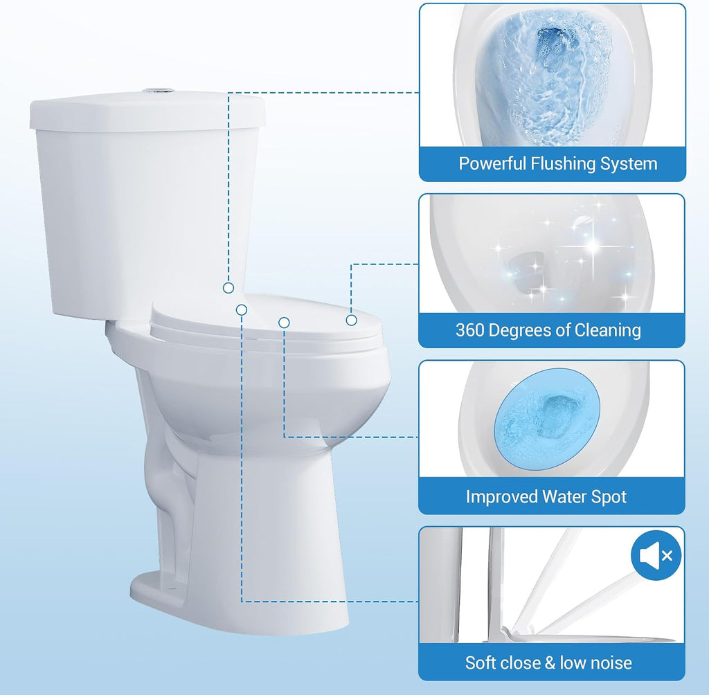 Two Piece Toilet - Elongated Bowl, 19' ADA Compliant Comfort Height, Dual Flush, Water Efficient, Slow Close Seat