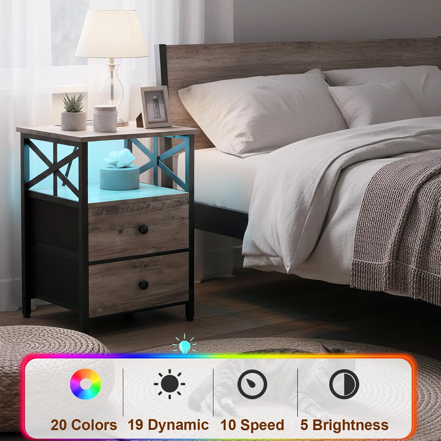 AMHANCIBLE Night Stand Set of 2 with Charging Station and LED Lights, Large 2-Drawer Bedside Tables with USB Ports and AC Outlets, Modern Nightstand for Bedroom, Grey, HET052LGY