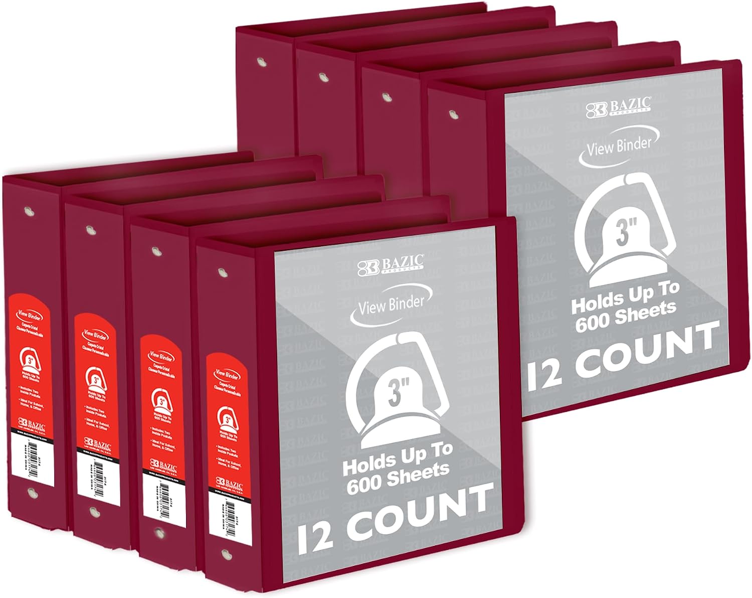 BAZIC Products 3 Ring Binder 3' View Binders Slant D Ring Organizer - Burgundy, Hold 600 Sheets Paper, for School Office Home, 12-Count