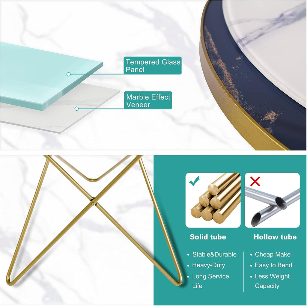 HLR Modern Round Side Table Set of 2, End Table with Marble Effect Top and Gold Metal Frame, Small Side Table for Living Room, Bedroom, Sofa and Couch, Gold Legs, Green Marble top