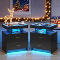 LED Nightstand Set 2 with Wireless Charging Station,Black Night Stand with 2 Drawers,Glass Top Smart Bedside Table,Modern End Table Side for Bedroom,Living Room,Office
