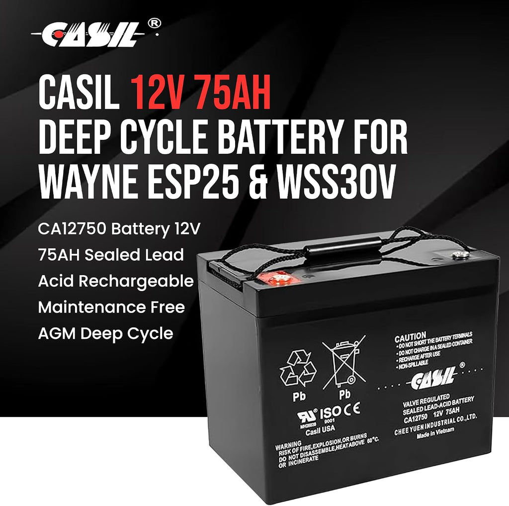 Casil 12V 75Ah Deep Cycle AGM Battery | Compatible with Wayne ESP25 WSS30V Backup Sump Pump | Solar, Trolling Motor, Mobility & General Use