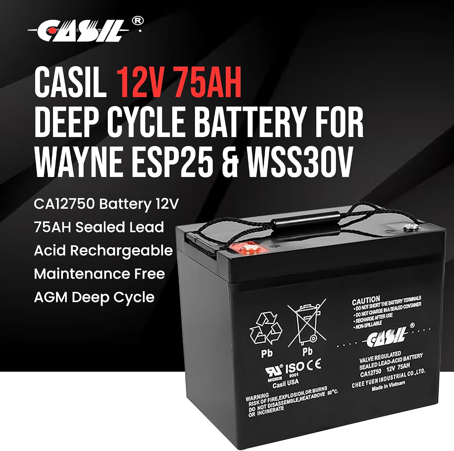 Casil 12V 75Ah Deep Cycle AGM Battery | Compatible with Wayne ESP25 WSS30V Backup Sump Pump | Solar, Trolling Motor, Mobility & General Use