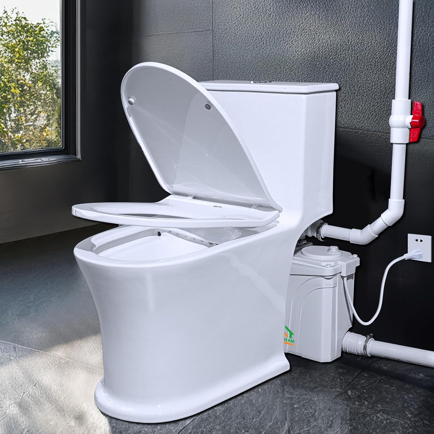 Upflush Toilet with Macerator Pump For Basement, 700 Watt One Piece Macerating Toilet for Bathroom, Powerful & Quiet Dual-Flush Elongated One-Piece Toilet, Glazed Surface, 30FT Up Pumping