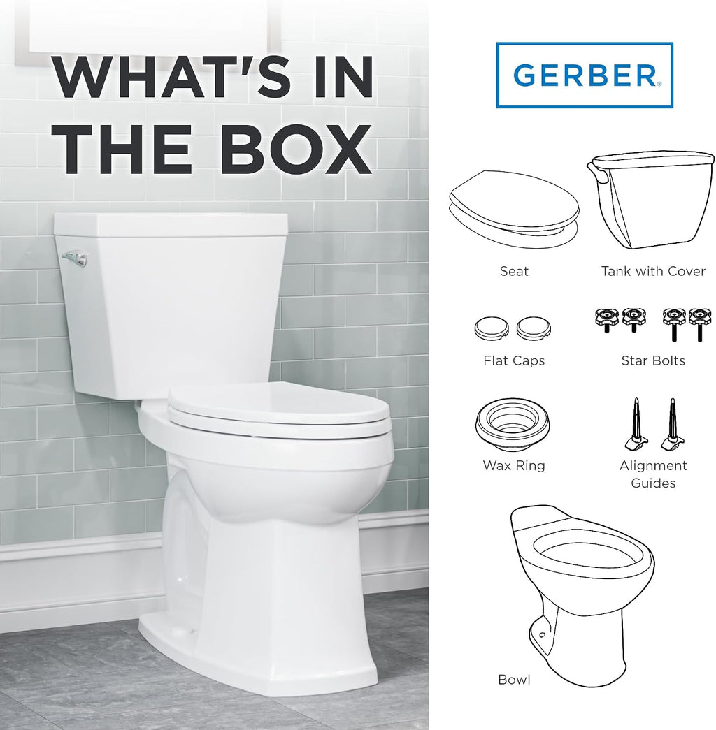 Gerber Avalanche Select 1.28 GPF Two-Piece Toilet with QuietClean Flush & KeepClean Surface, ADA Chair Height, 12-in Rough-In, Soft-Close Seat & Install Kit with Wax Ring, White, GRS48211E