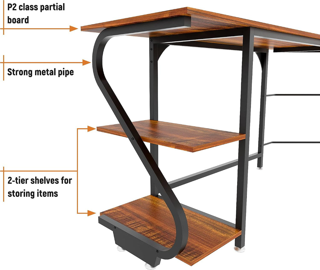 Weehom Reversible L Shaped Desk with Shelves Large Corner Computer Desk Gaming Desks for Home Office Writing Workstation Wooden Table,Rustic Brown