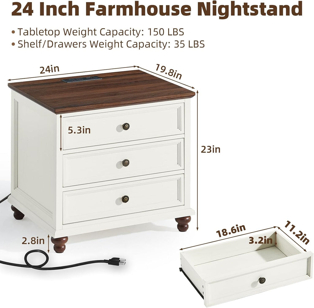 Joaxswe Farmhouse Nightstand Set of 2 with Charging Station, 24' Wide End Table with 3 Drawers,Dresser for Bedroom,Bed Side Table Chest of Drawers Cabinet,Wood White Night Stand for Living Room