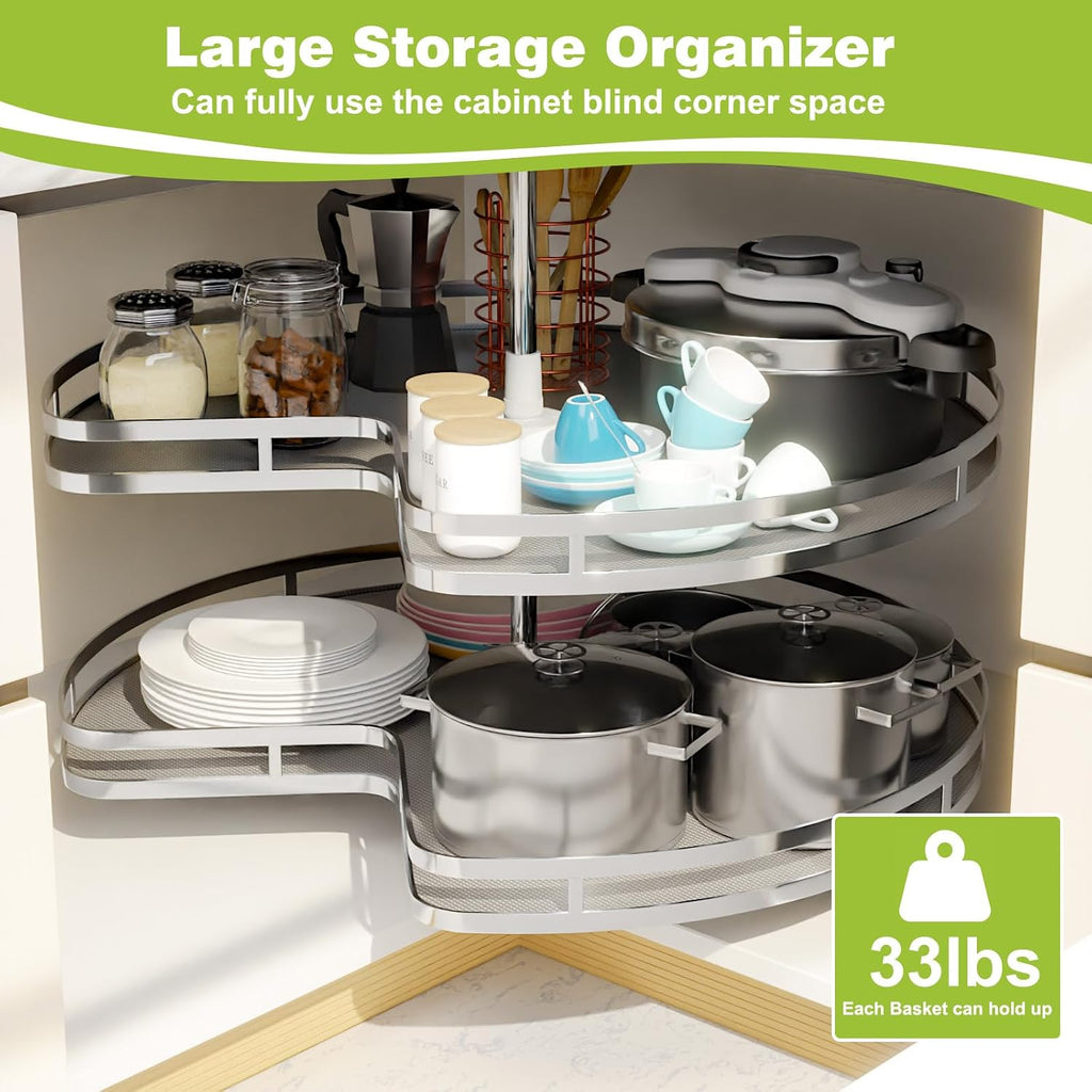 Blind Corner Cabinet Kidney Lazy Susan, Soft Close Rotary Cabinet Organizer 32inch, Corner Cabinet Lazy Susan for Blind Shelf, 2 Tiers Tray, Adjustable Height