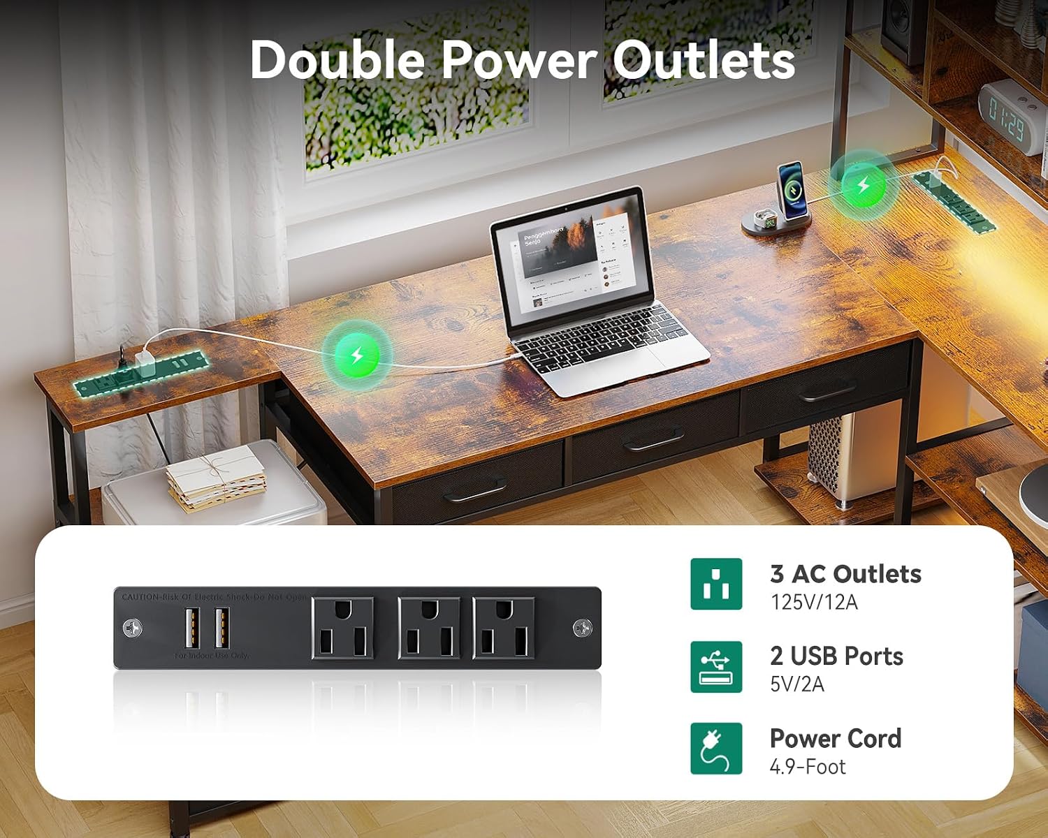 AODK 79 inch L Shaped Desk with 5 Drawers, Reversible L Shaped Gaming Desk with LED Light & 2 Power Outlets, Computer Desk with Storage Shelves for Home Office, Vintage
