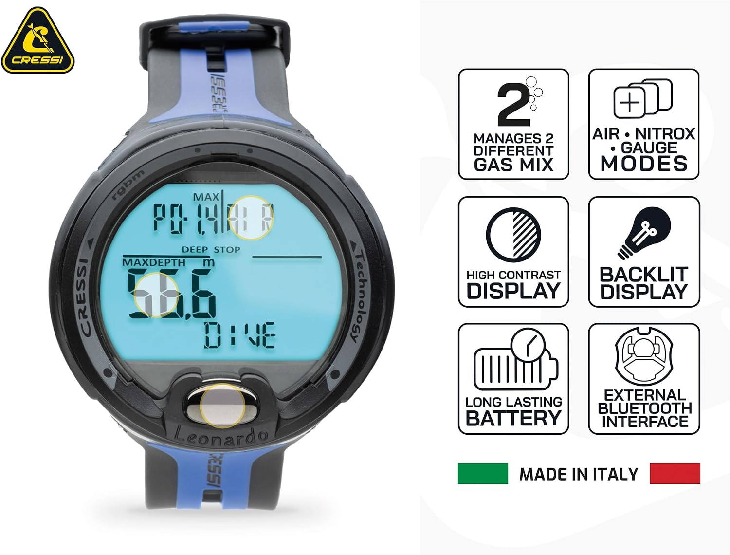 Cressi Leonardo 2.0 Scuba Dive Computer - Air, Nitrox & Gauge Dive Watch - Backlit Waterproof Watch - USB IR Diving Computer