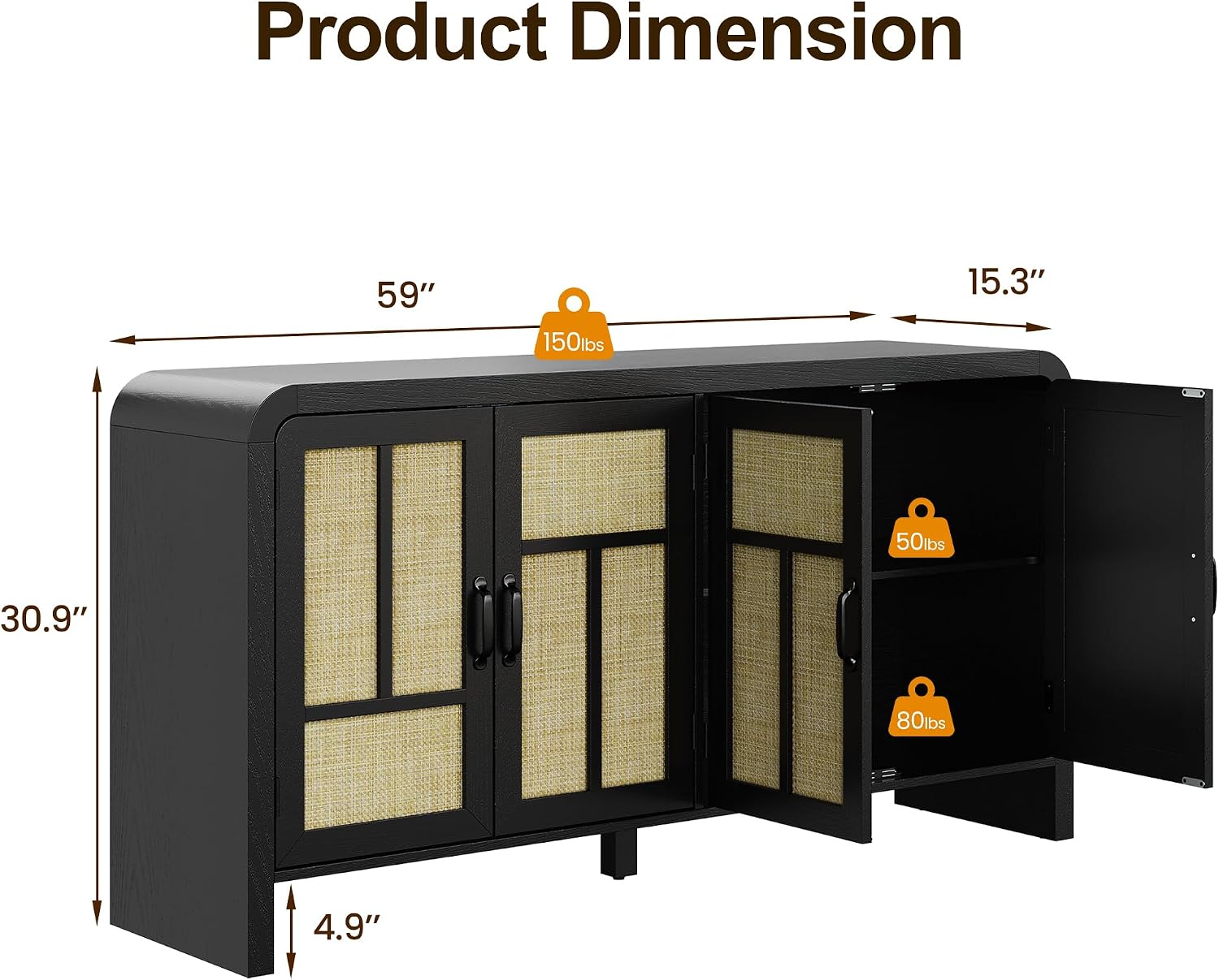 RoyalCraft Buffet Cabinet with Storage Sideboard Accent Farmhouse Credenza with 4 Doors & Shelves Rattan 59' Media Console Boho Coffee Bar Table for Living Room Kitchen Dining Room Hallway